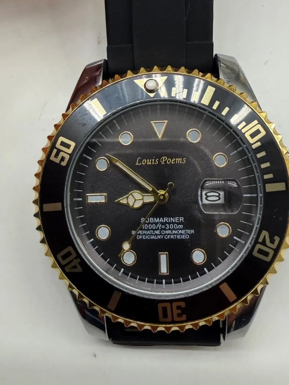 Louis Poems Diver Men's Black Gold 43mm Date Rubber Band Quartz Watch NEW